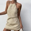 Women's solid colour linen A-line summer dress knee length casual midi dress
