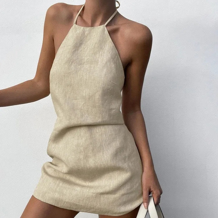 Women's solid colour linen A-line summer dress knee length casual midi dress