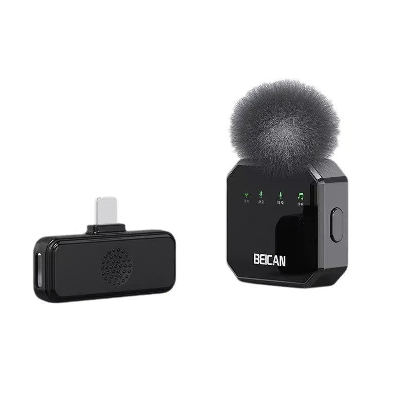 Wireless lavalier lapel microphone clip-on for mobile phone video recording with Apple or Android interface and charger