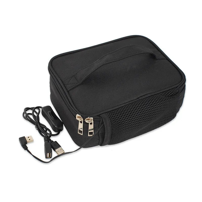 Black USB heating thermal lunch bag with Oxford cloth material and car power adapter
