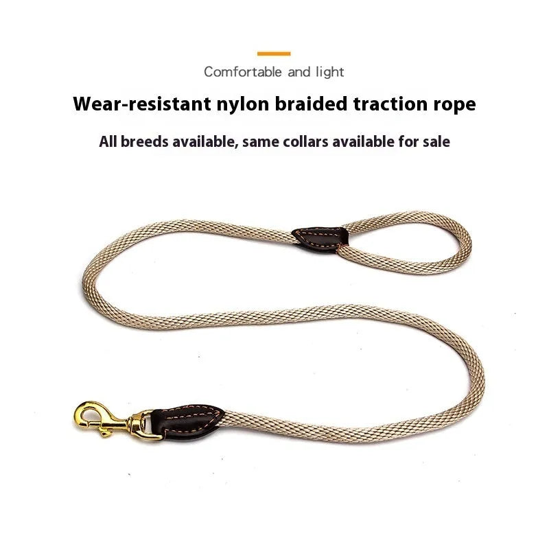 Black nylon dog hand holding rope leash shown with clip and integrated hand loop, size options available.