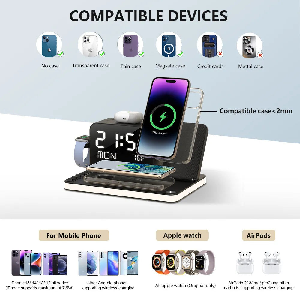 7-in-1 multifunctional wireless charging station black with touch night light and week temperature display
