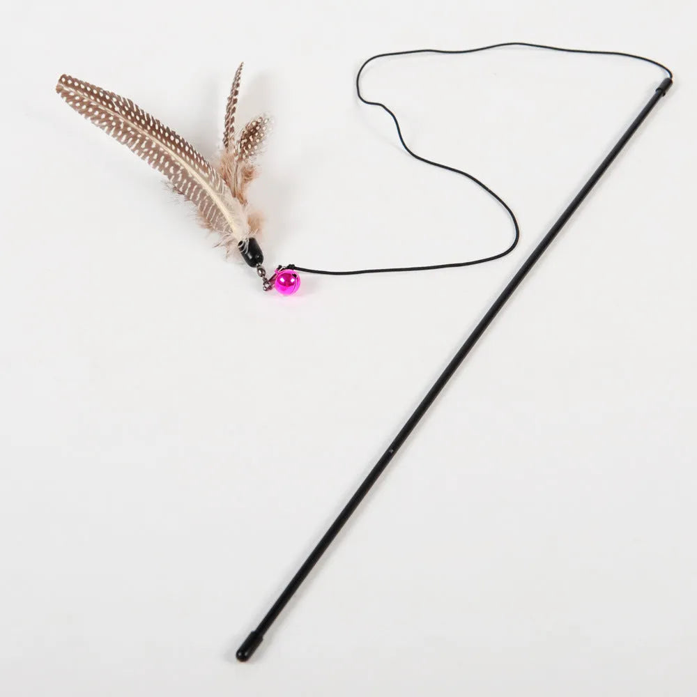 Wooden funny cat stick toy with bell and big feather attachment for interactive cat play