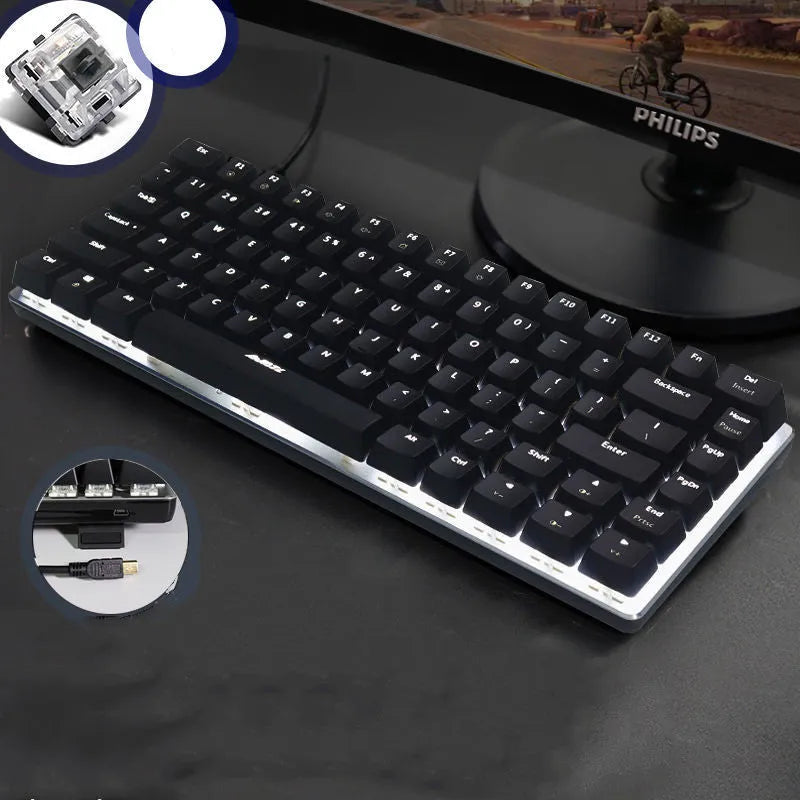Heijue AK33 82-key mechanical keyboard black shaft white light version on desk with metal panel