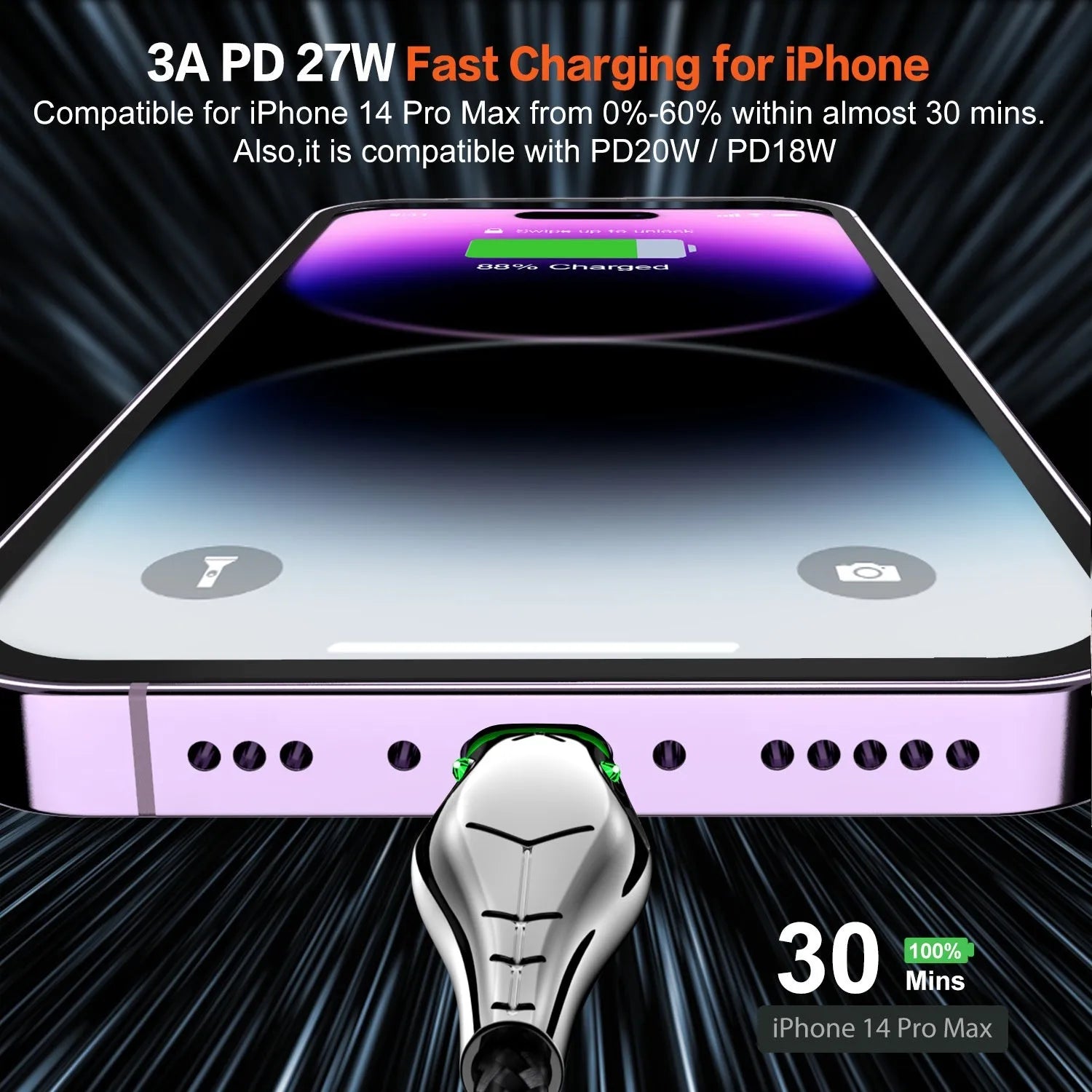 Black PD27W fast charge data cable with zinc alloy connector and indicator light for phone and tablet