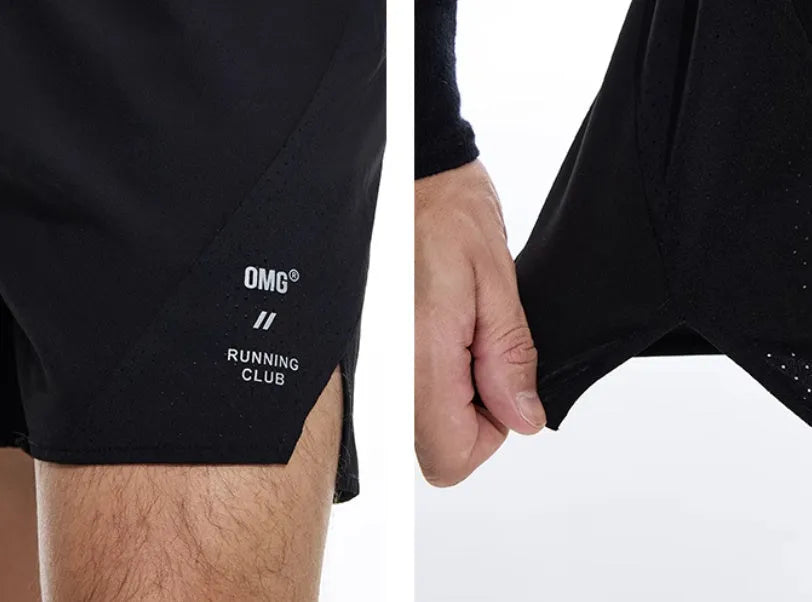 Black running shorts with laser-punched stitching on a manikin, showing stretch fabric for training.