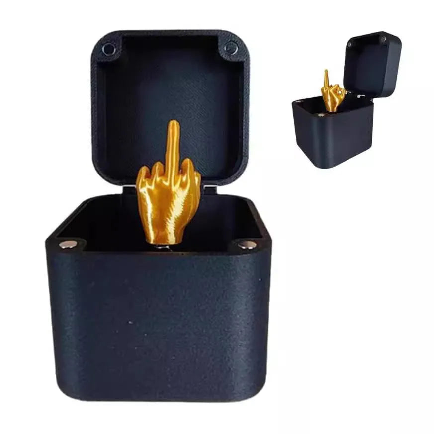 Christmas spoof middle finger gift box, 5cm plastic novelty toy in black and gold