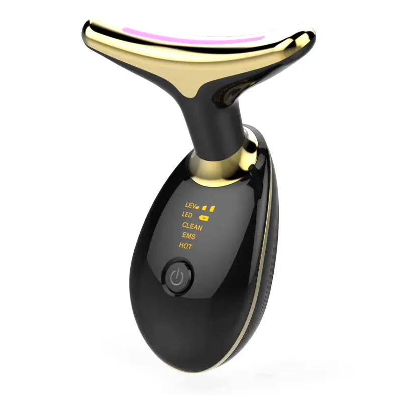 Black Silver EMS thermal neck lifting massager with LED lights on a white background.