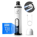 White and grey electric dog nail grinder with a clear dust collection tray and a small grinding head.