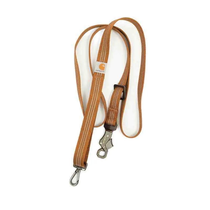 Dog wearing a chest strap harness connected to a reflective hand holding rope