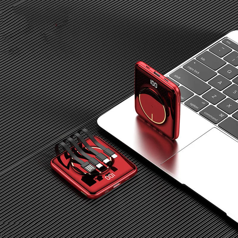 20000mAh portable power bank with LCD display in black, green, or red colours showing compact design