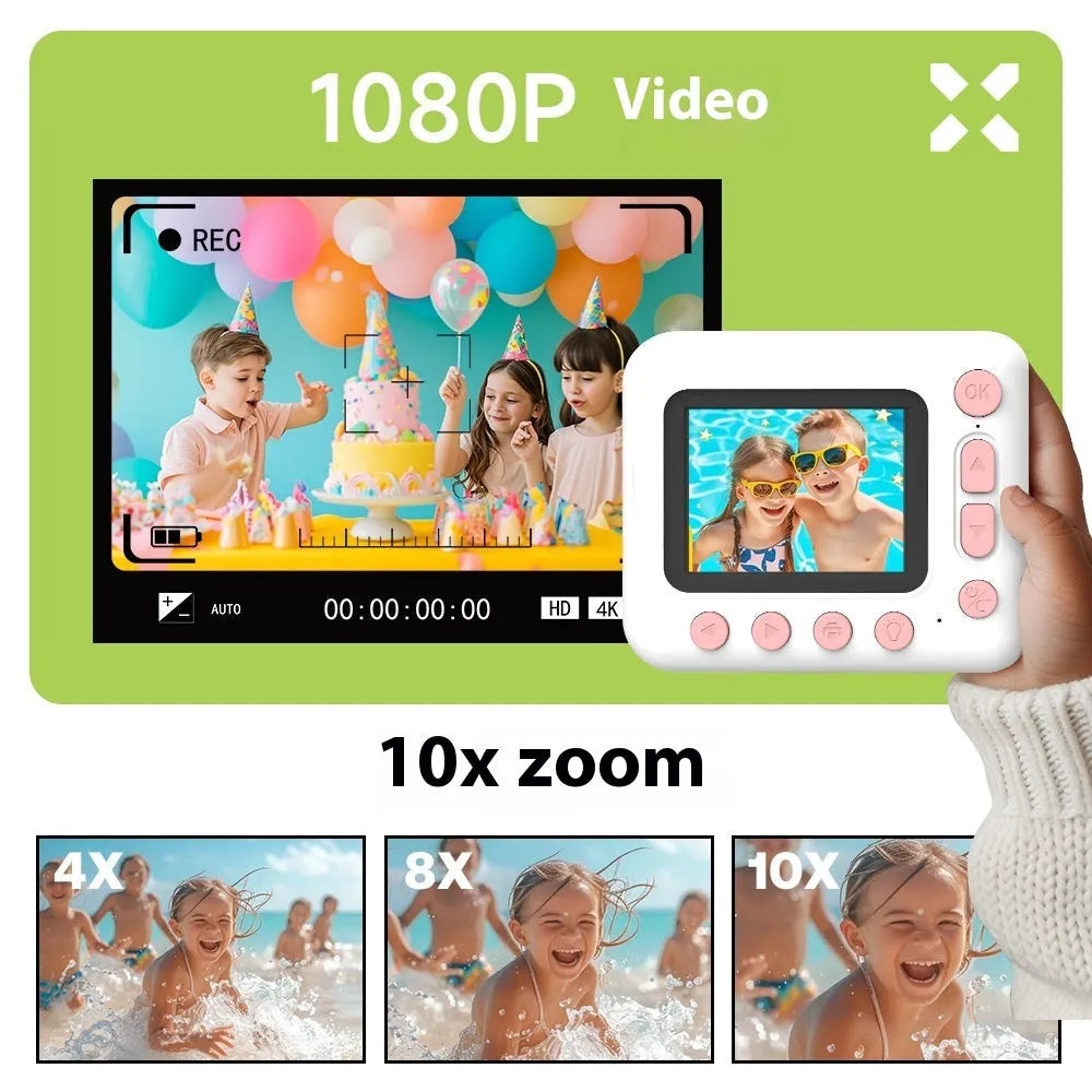 Children's printing camera in plastic body with instant black and white print function, showing camera and printed photo