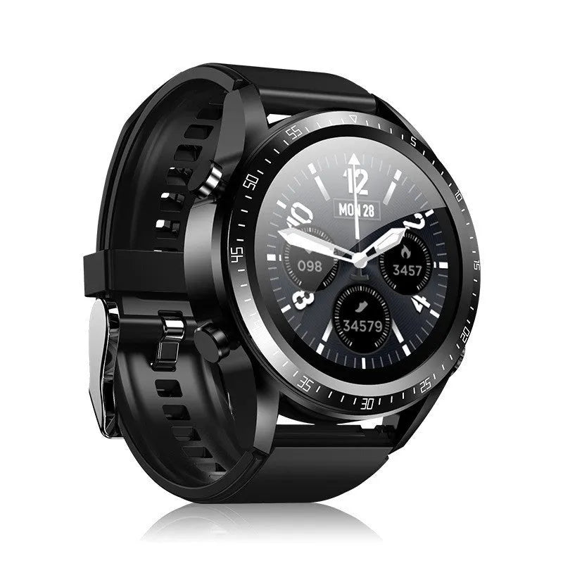 Black smart watch with silicone strap displaying blood pressure and oxygen data on its 1.28-inch screen.