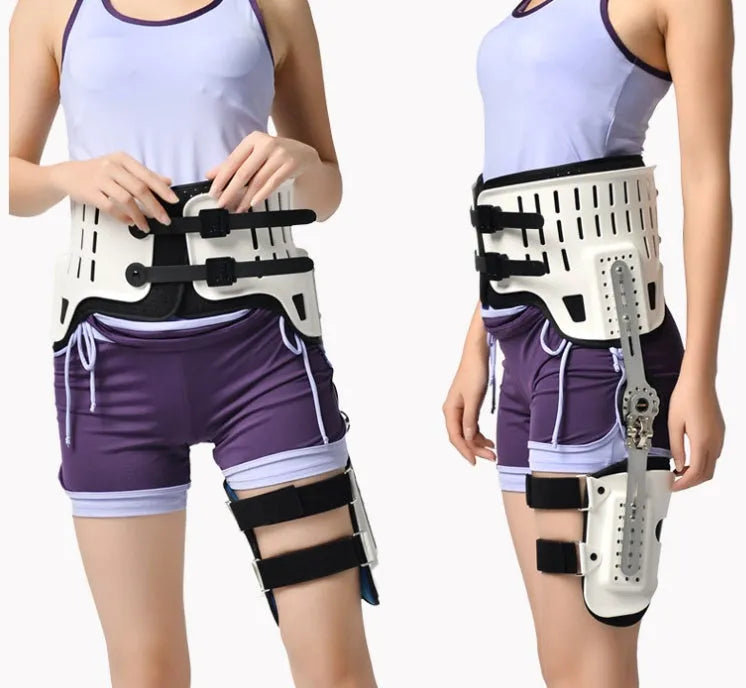 Hip joint brace in white colour with rigid PP construction for postoperative leg support, one size fits all