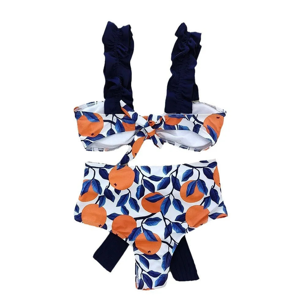 Women's blue leaves orange printed high waist bikini swimsuit with briefs style and sleeveless design