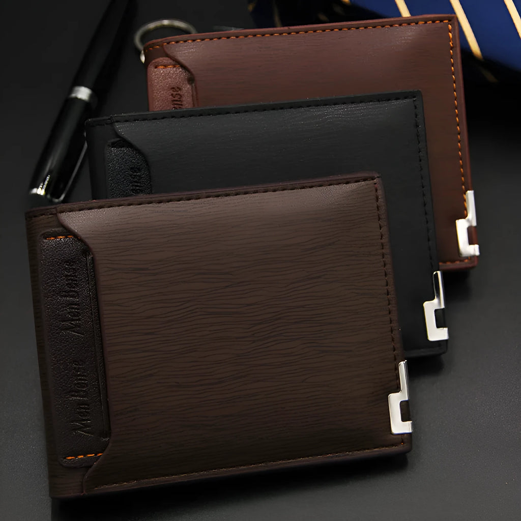 Men's iron-edge card-picking wallet in PU leather showing compact 12cm design with card organisation features