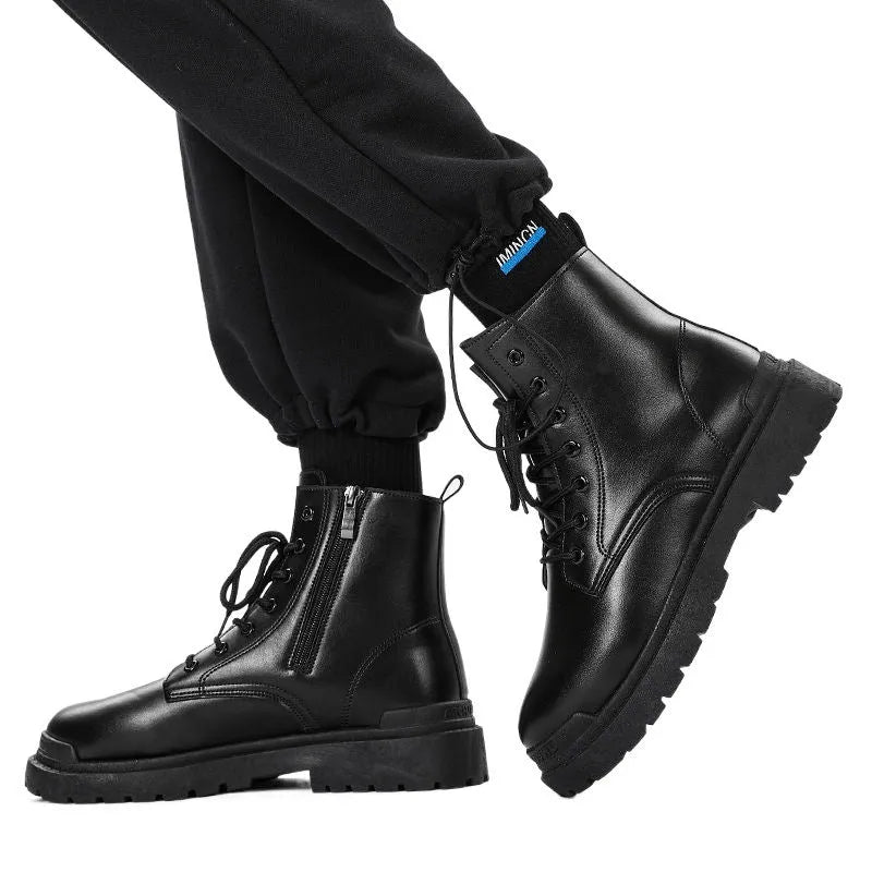 Men's black mid-top Tide British style waterproof boots with a flat rubber sole.