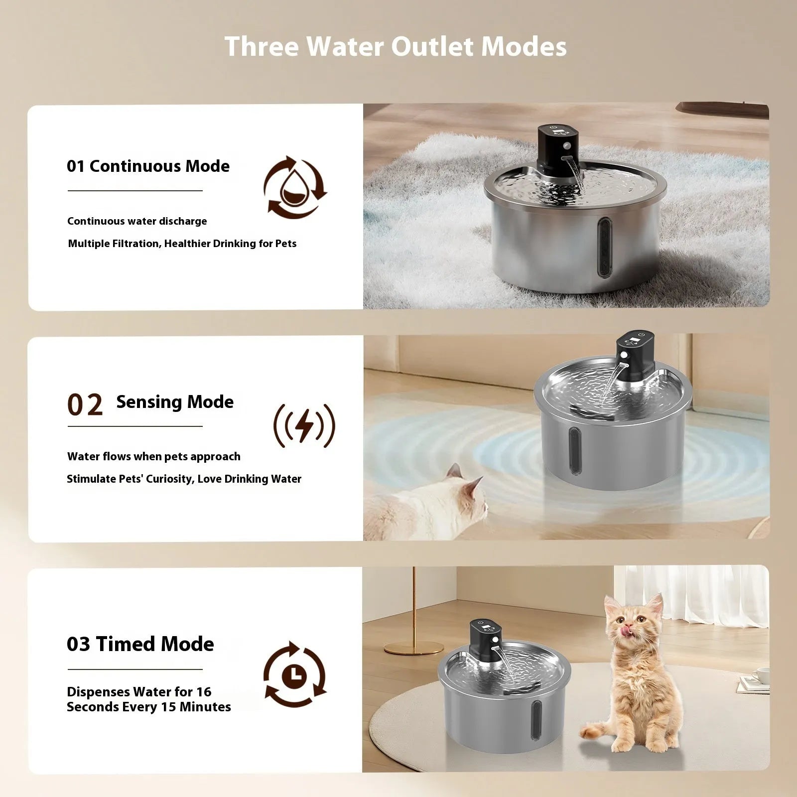 White ceramic pet water fountain with stainless steel dish and digital temperature control display.
