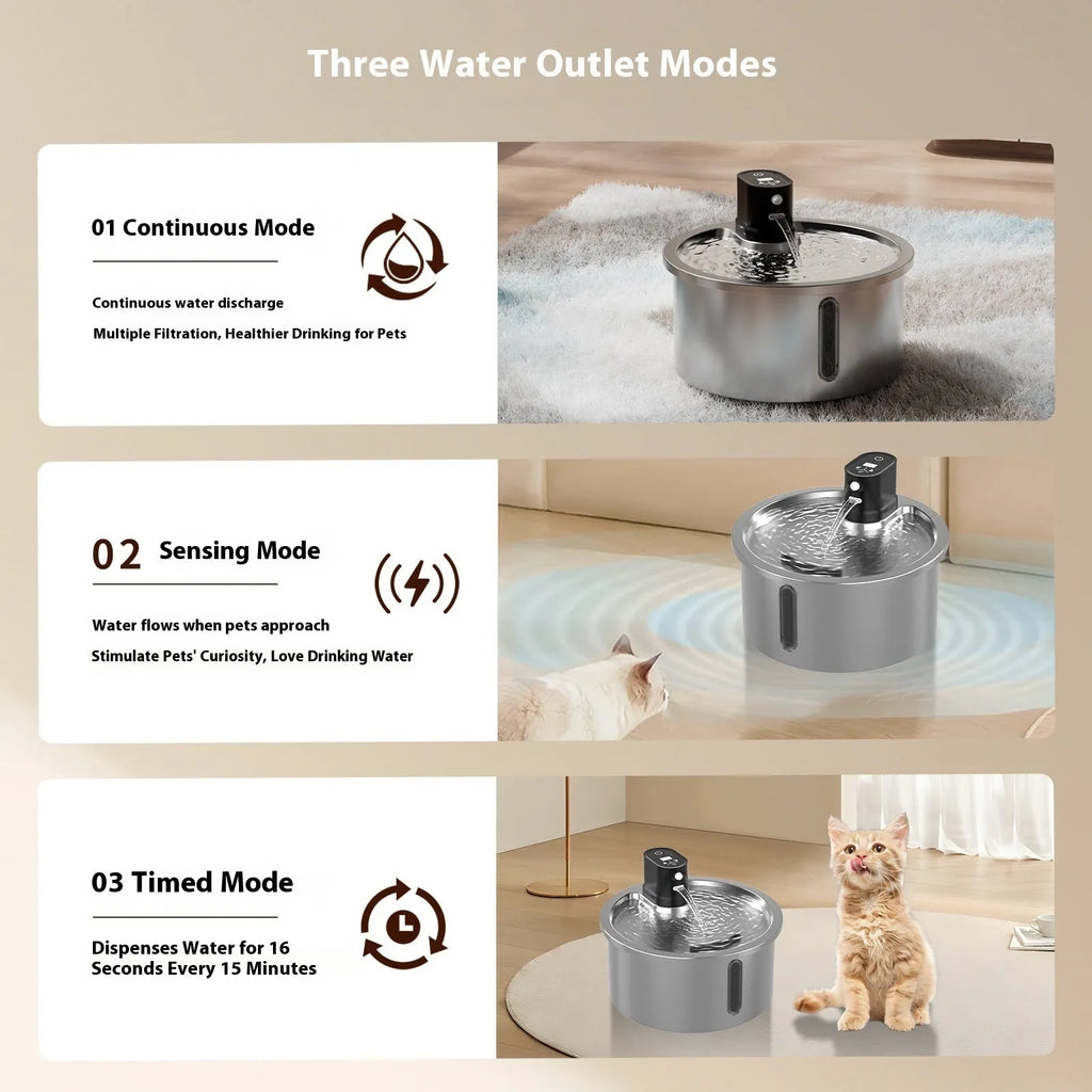 Stainless steel pet water fountain with temperature control base in black or white colour options