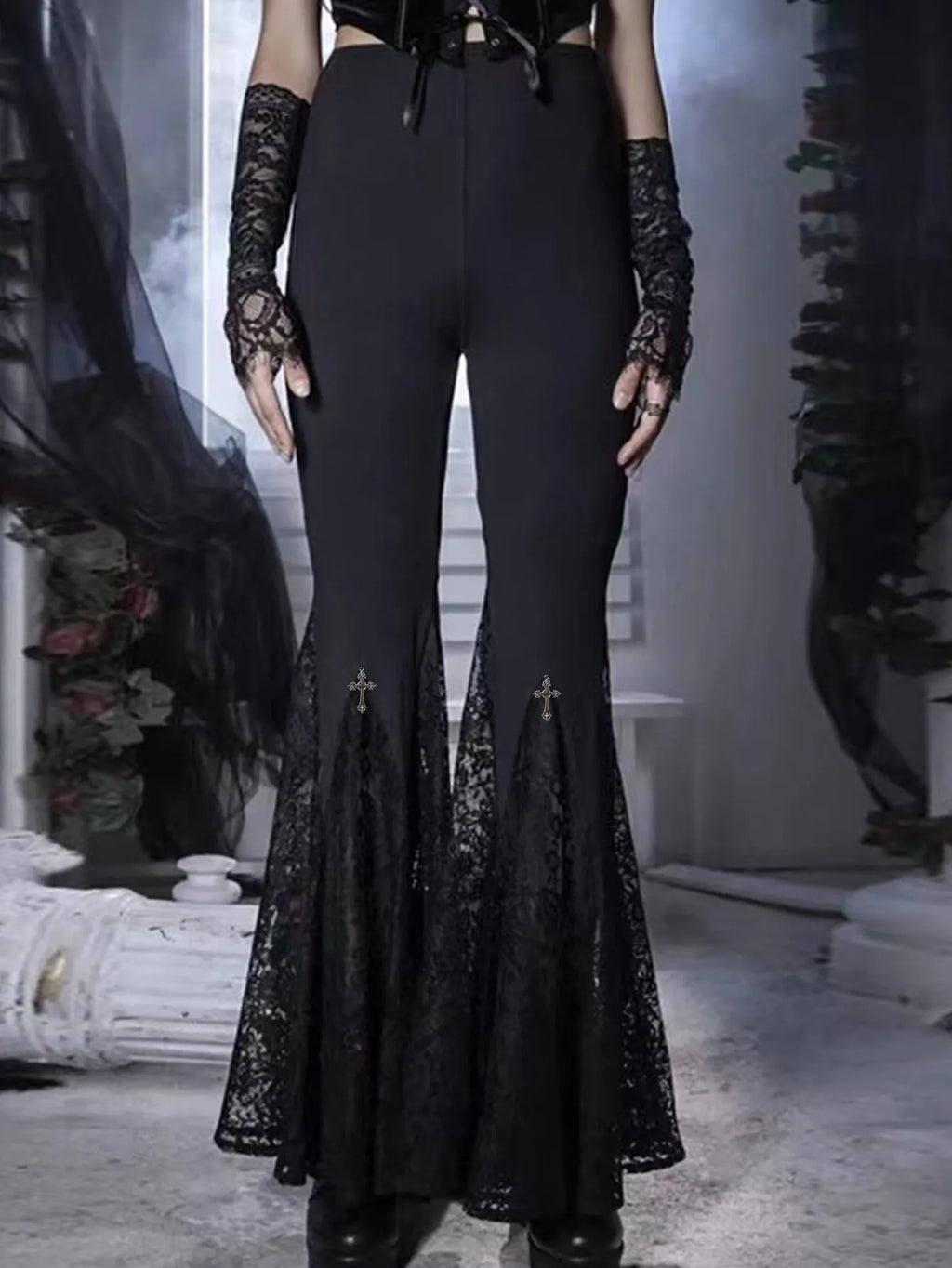 Women's cross black bell-bottom pants with lace stitching, high waist, dark style street fashion
