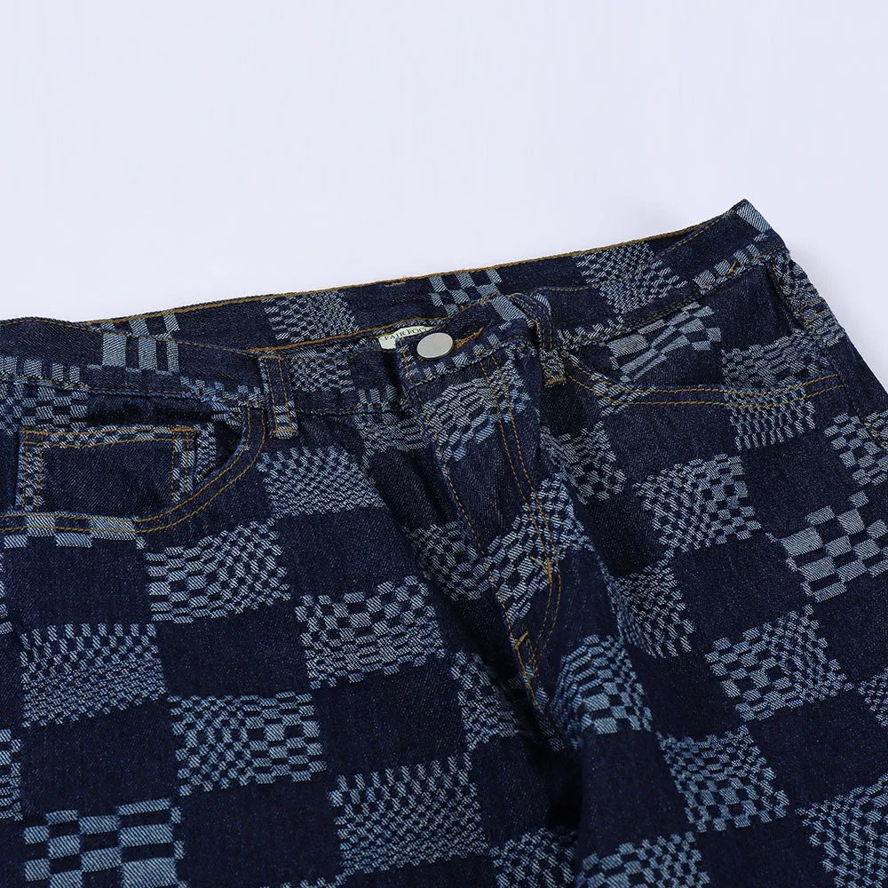 Men's checkerboard jacquard cotton trousers straight loose fit black colour