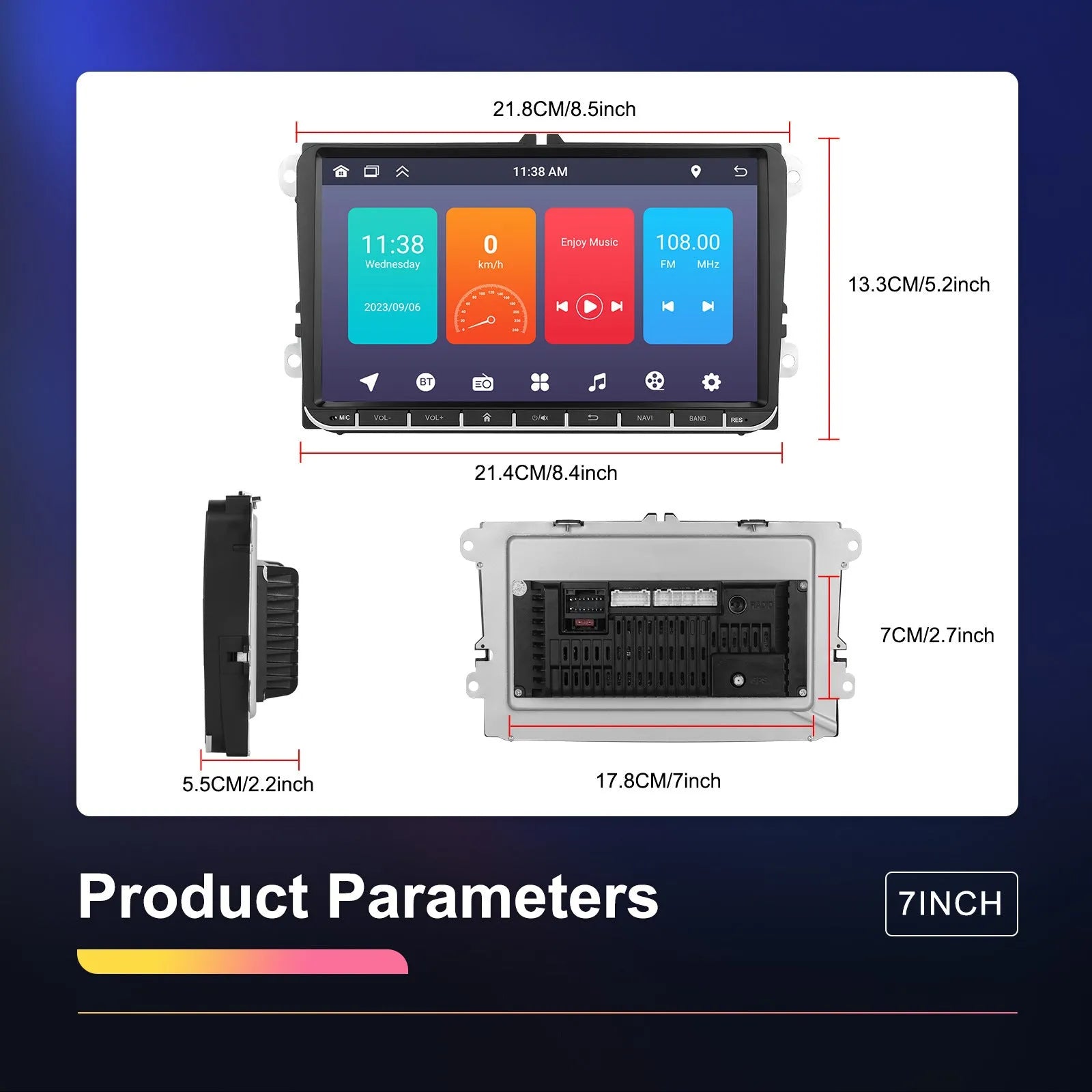 7-inch Android car head unit dashboard display showing GPS navigation map