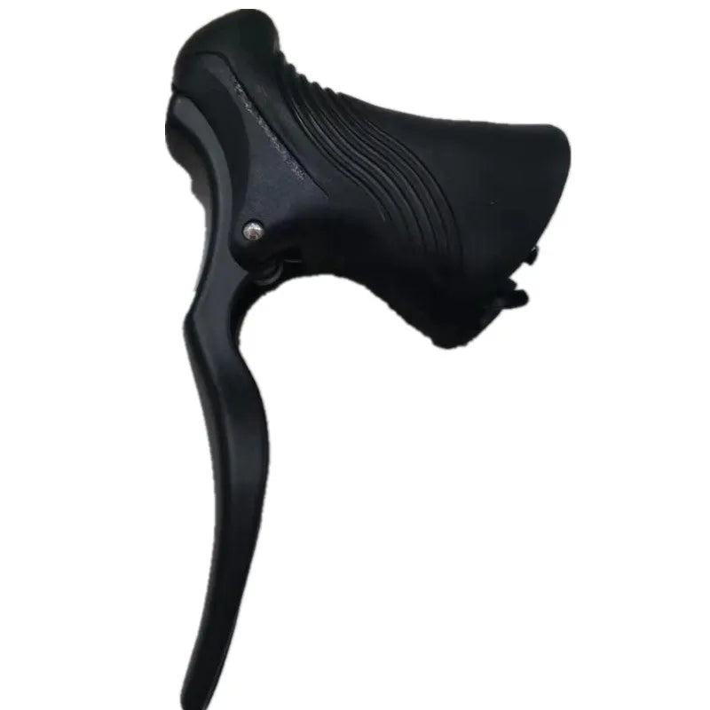 A pair of aluminium alloy road bicycle brake handles in black and black silver finishes.