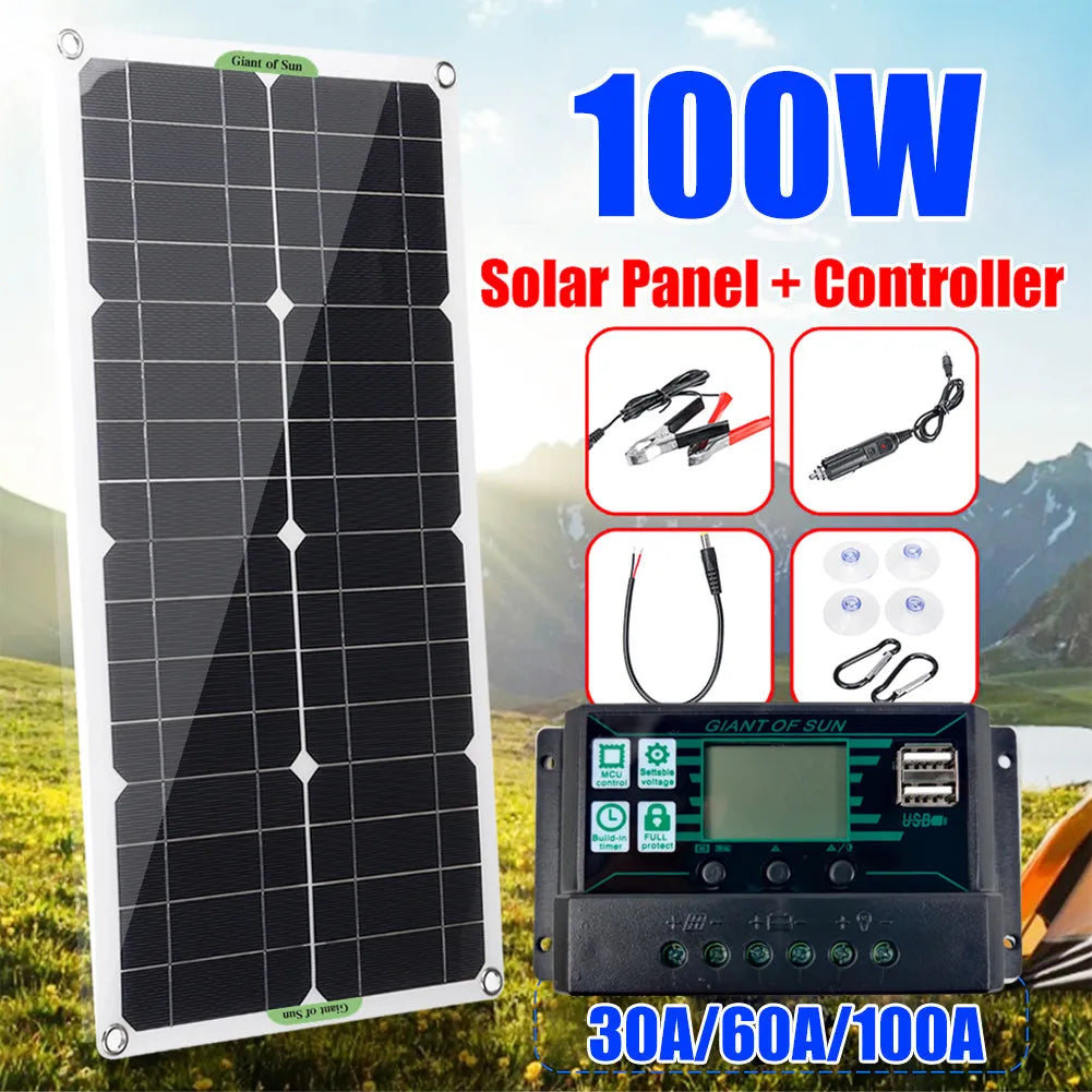 30W semi-flexible black solar panel showing USB port and output cables on a textured surface.
