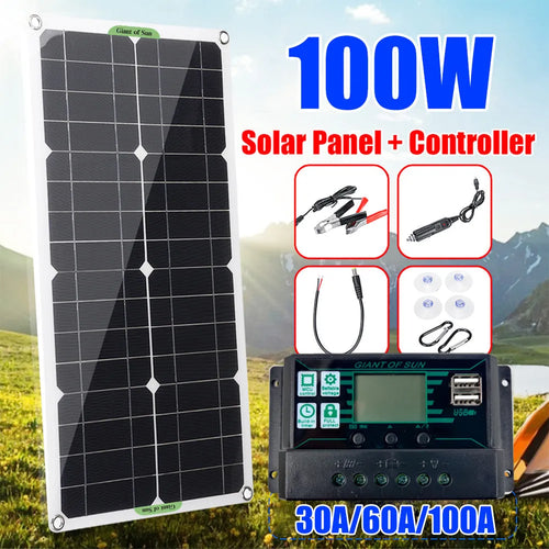 30W semi-flexible black solar panel showing USB port and output cables on a textured surface.