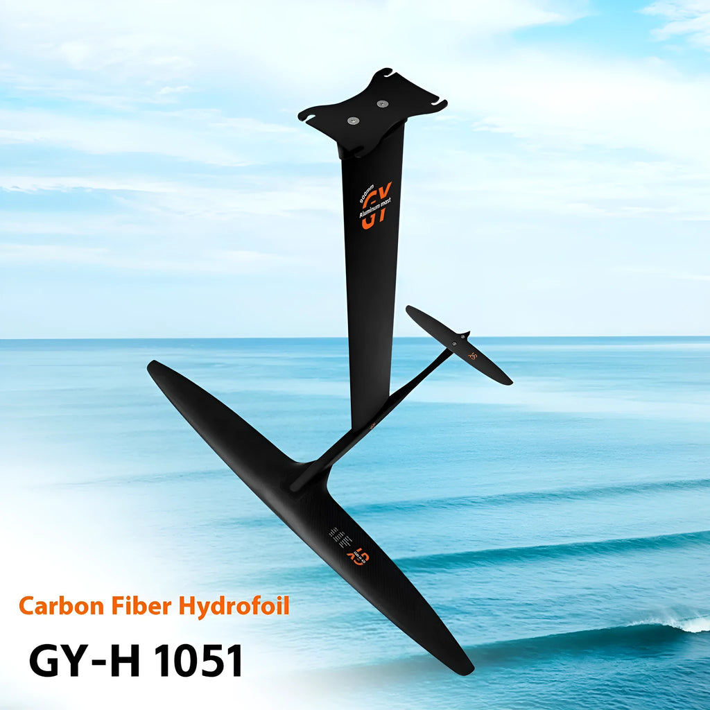 Black carbon fibre hydrofoil surfboard with aluminium mast and large front wing for racing.