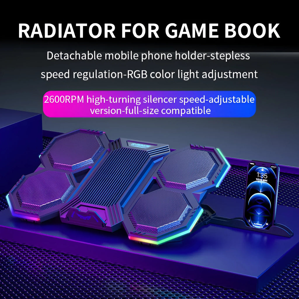 Laptop cooling pad with six fans, RGB lighting, and seven height adjustments for 12-21 inch notebooks