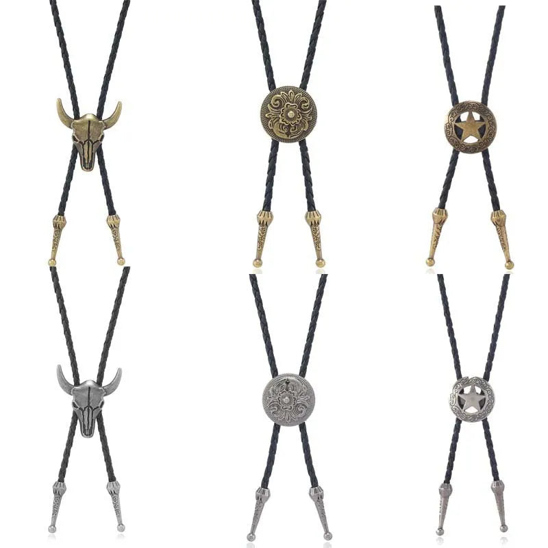 Pentagram cow alloy pendant necklace with leather rope chain, antique bronze or silver finish, 81cm and above