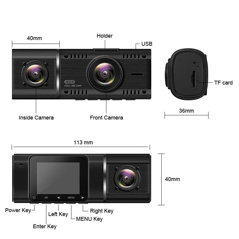 Black dual-channel car dash cam with 1.5-inch screen mounted on windshield next to rear-view mirror.