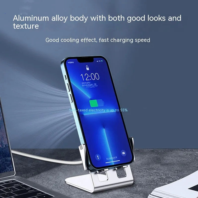 Cyan wireless charging metal desktop stand with aviation aluminium alloy body holding a smartphone upright