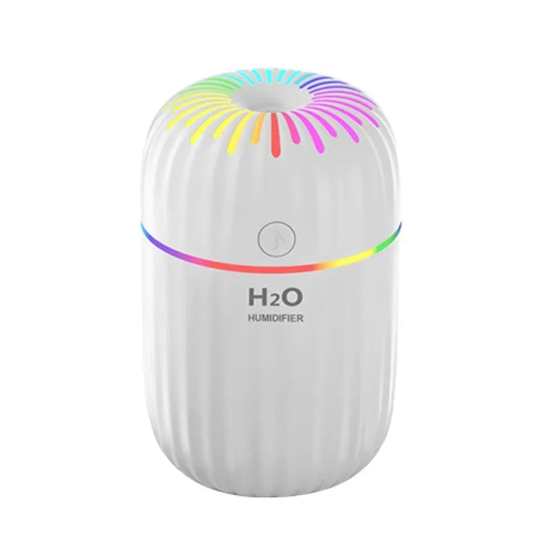 White A5 model mini USB humidifier with 300ml tank on a desk next to a laptop.