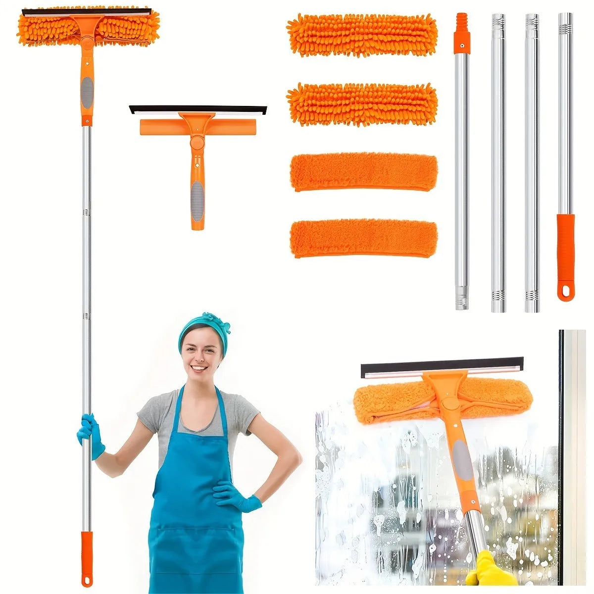 Two-in-one glass squeegee high-rise wiper with stainless steel poles in blue colour on window