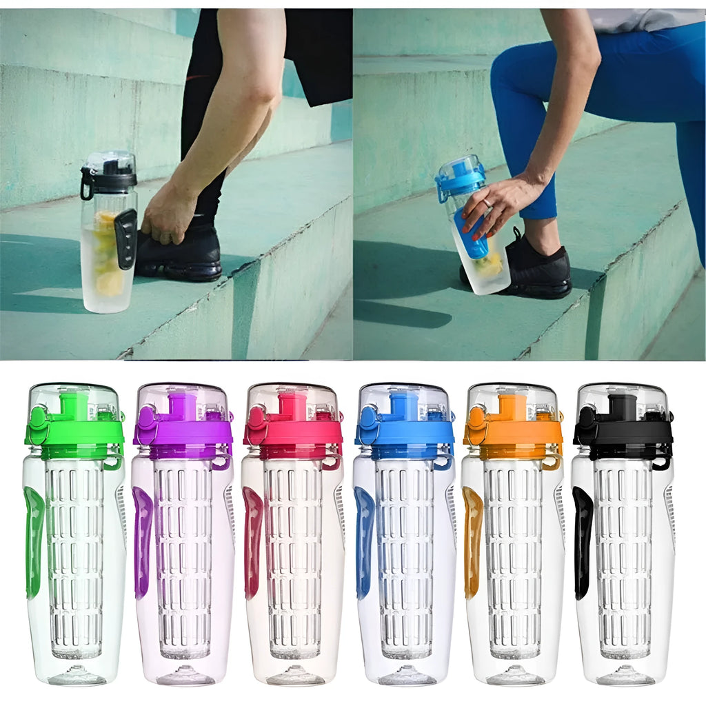 32oz Tritan fruit infuser water bottle with fruit cup compartment in multiple style options