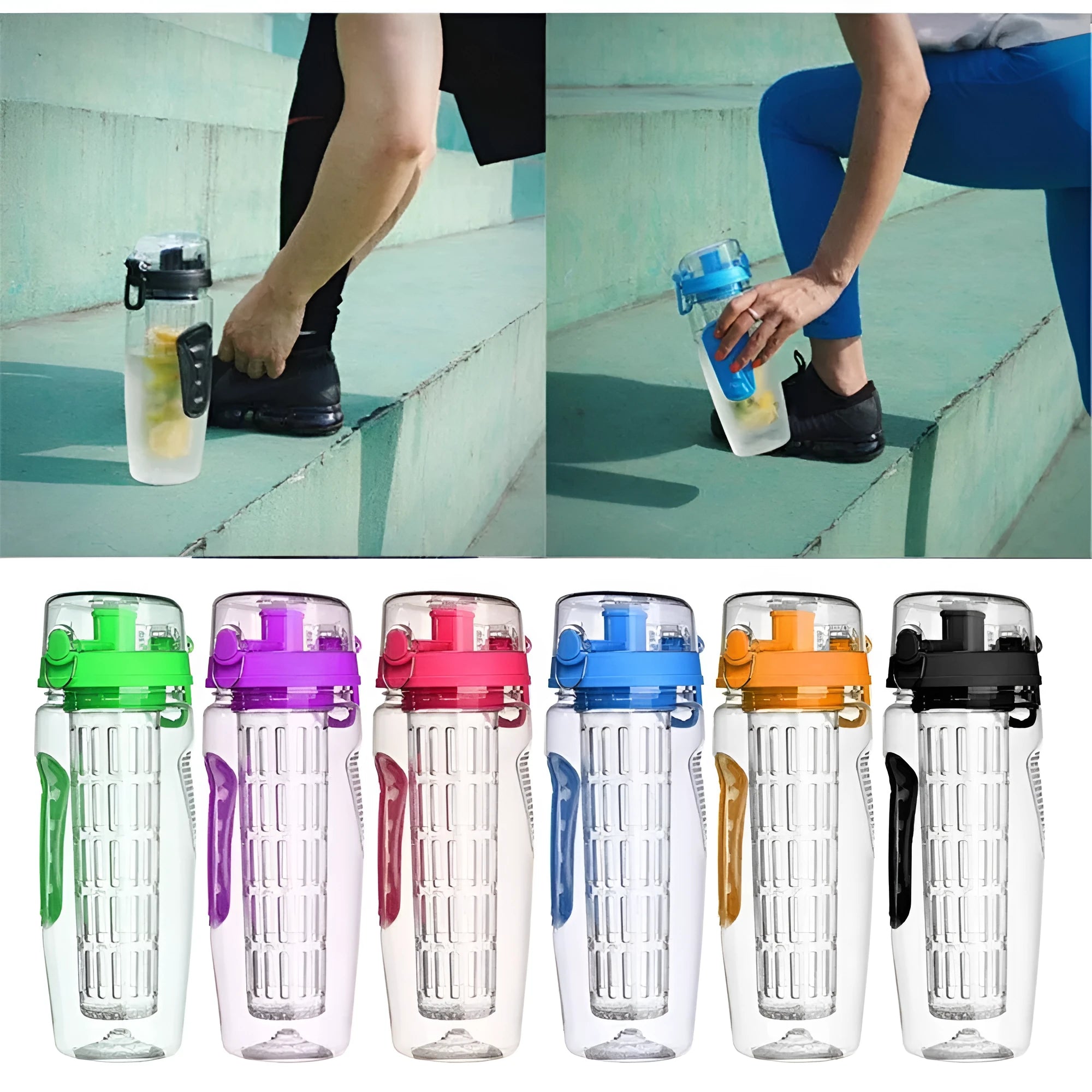 32oz Tritan fruit infuser water bottle with fruit cup compartment in multiple style options
