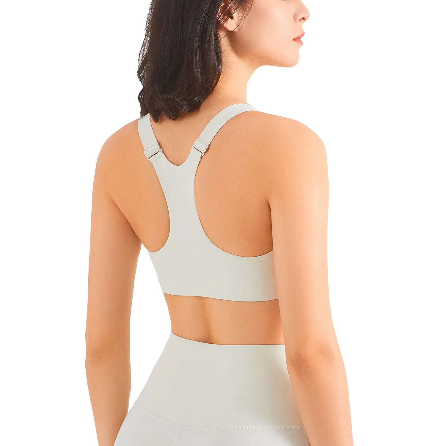 Zip front sports bra in Rhino Grey with racerback and mesh back panel for breathability