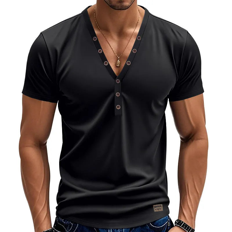 Men's loose fit v-neck pullover with button design in chemical fibre blend fabric