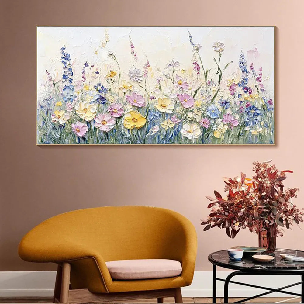 Handmade oil painting canvas wall art with 3D palette knife flowers in modern style, horizontal orientation, frameless and rolled