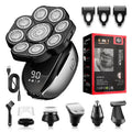 Black rechargeable 6-in-1 hair clippers shaver kit with multiple grooming attachments on display