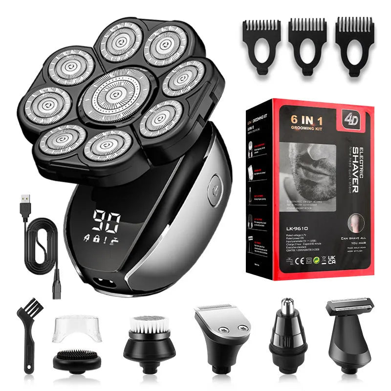 Black rechargeable 6-in-1 hair clippers shaver kit with multiple grooming attachments on display