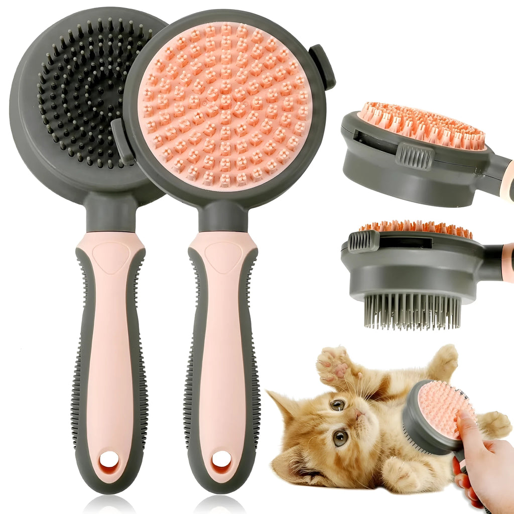 Double-sided cat grooming brush with slicker brush on one side and flea comb on other, showing release button mechanism
