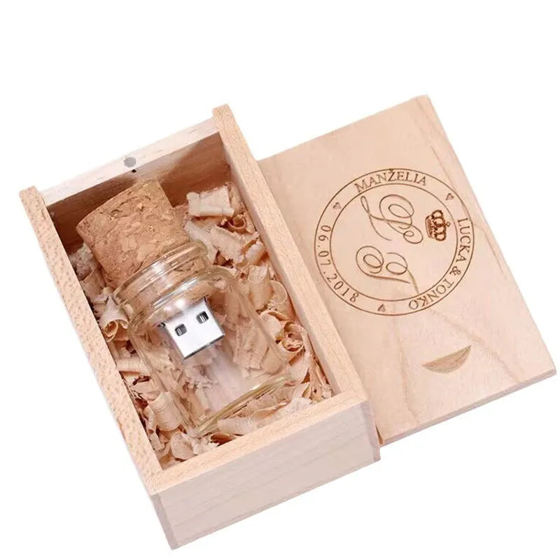 Wooden wish drift bottle USB flash drive with transparent plastic case showing carved wood inside.