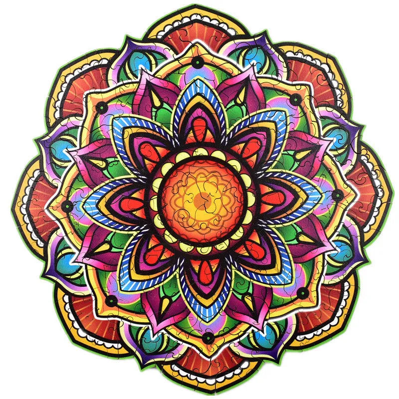 Mandala irregular wooden puzzle pieces with colour box packaging, available in A3 A4 A5 sizes