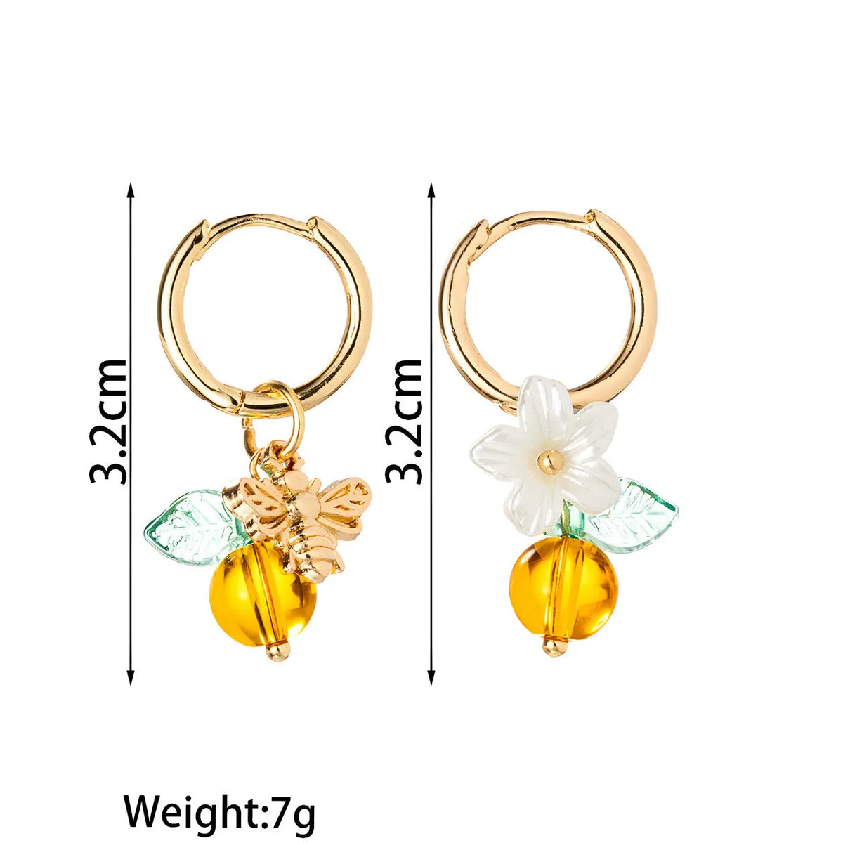 Yellow acrylic bee shaped earrings for women with honey fruit design and electroplated finish, Korean style pair