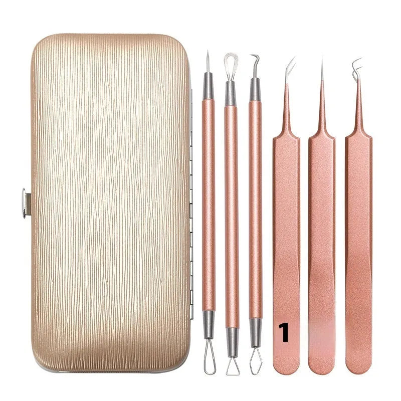 Six-piece stainless steel rose gold acne removal tool set with dual-purpose design