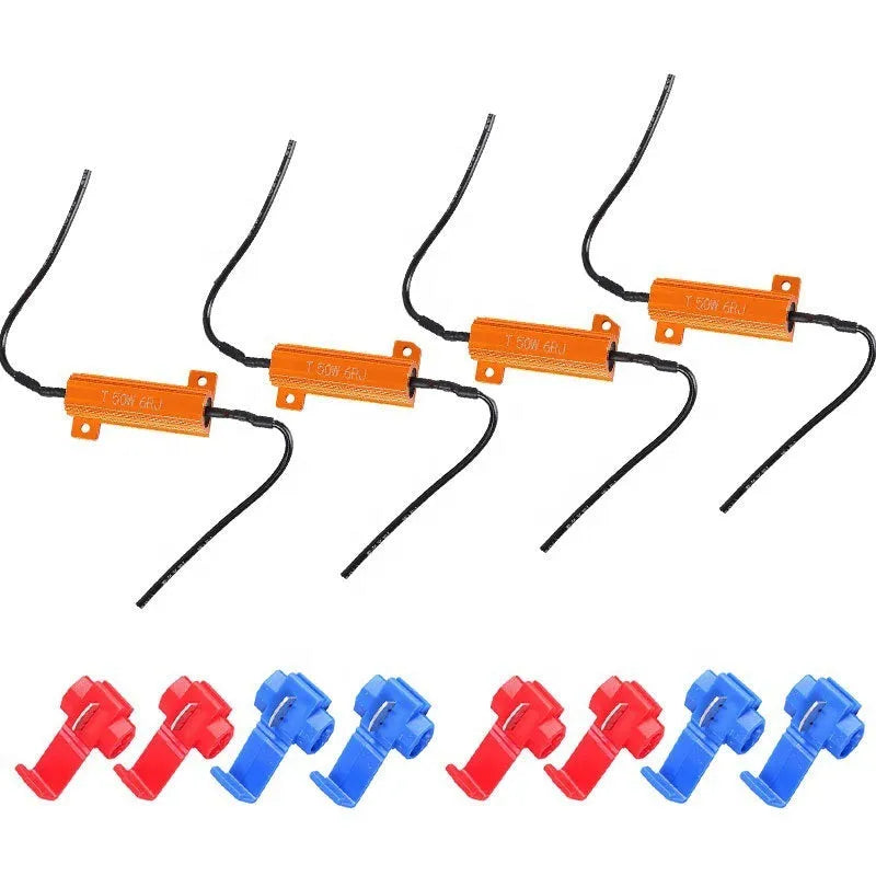 Two gold-coloured aluminium case LED load resistors with four connection clips for car installation