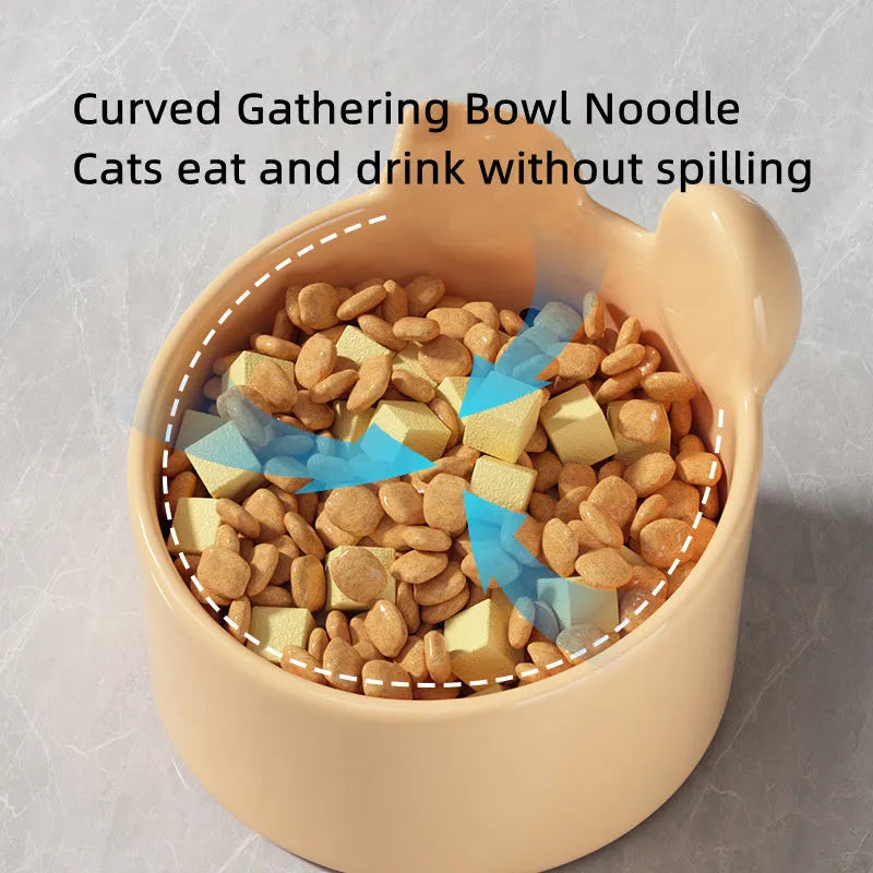 Ceramic pet bowls with neck protection design in white rabbit and brown bear patterns for dogs and cats